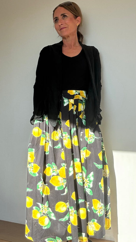 Sommerlicher Baumwollrock mit Zitronenprint, A-Linie, 79 cm Länge