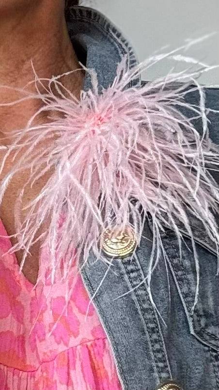 Zarte Brosche aus feinen Federn in Hellrosa, flexibel tragbar als Anstecker oder Haarclip. Luftiges, extravagantes Accessoire für schlichte Outfits oder besondere Anlässe.