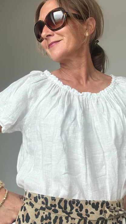 Kurzärmliges Leinenkleid mit elastischem Halsausschnitt und Volant-Abschluss, gerade und luftig geschnitten. Länge vorne 110 cm, hinten leicht verlängert. Mit Eingriffstaschen und vielseitig tragbar – klassisch oder als Carmenkleid. Figurumspielend und ideal für Petite-Frauen. Aus 100 % Leinen für sommerlichen Komfort.