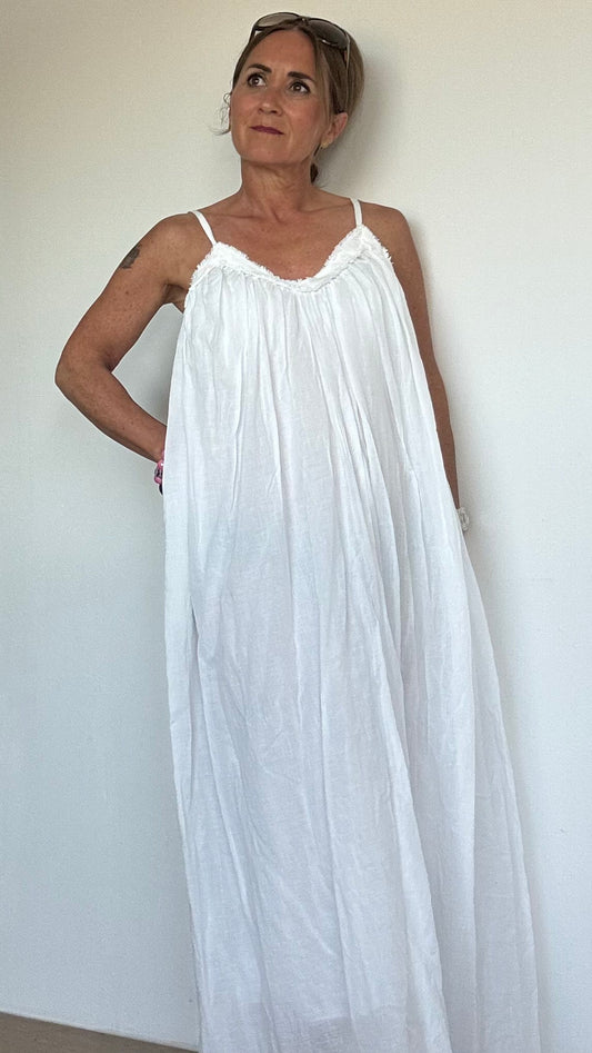 Luftiges Sommerkleid aus 100% Baumwolle in Weiß. Locker geschnittene A-Linie mit doppellagigem Stoff und verstellbaren Spaghettiträgern. Kleid fällt fließend bis ca. Knöchellänge (136 cm), ideal auch für Petite-Frauen. Styling mit flachen Sandalen, Gürtel oder Jeansjacke möglich – wandelbar von pur bis city-chic.
