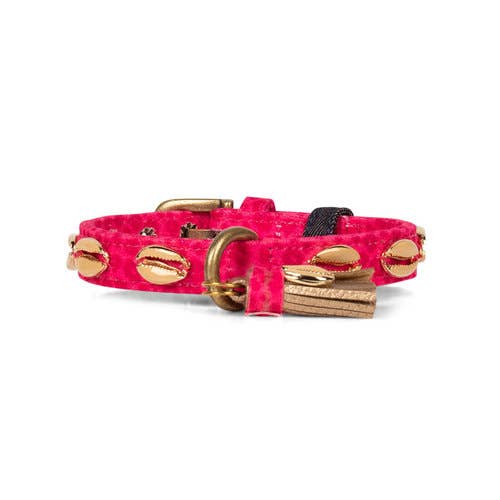 Pinkes Halsband mit Troddel und aufgestickten goldenen Muscheln. Eine detaillierte Beschreibung findest du unten in unserer Produktbeschreibung.